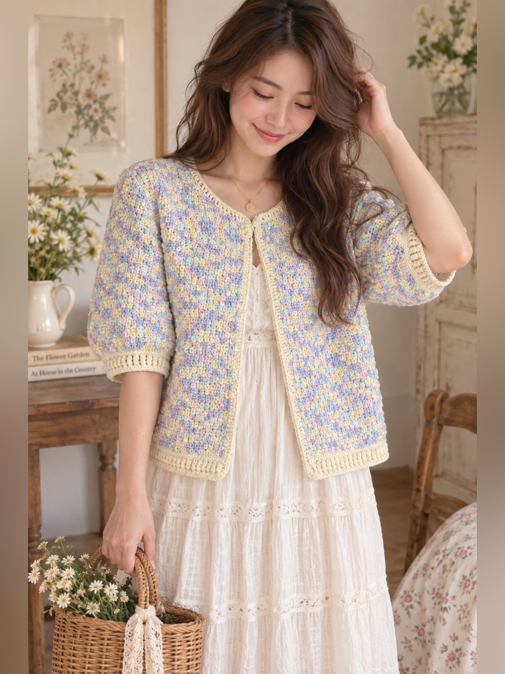 Handmade Pastel Crochet Cardigan Sweater Baby Blue Pink Yellow One Button Jacket